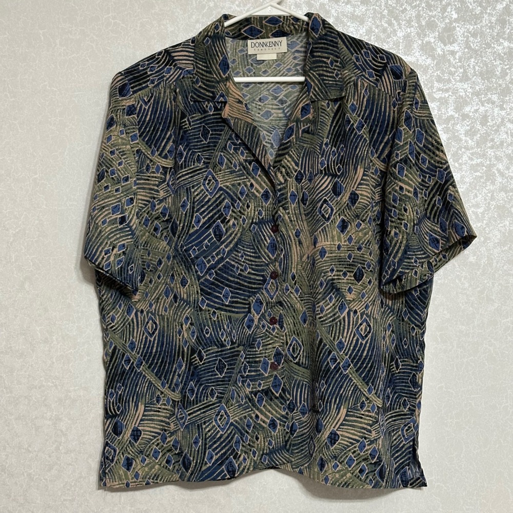 Donnkenny Classic Abstract Geometric Button Down Shirt Blue Green Grandmacore XL